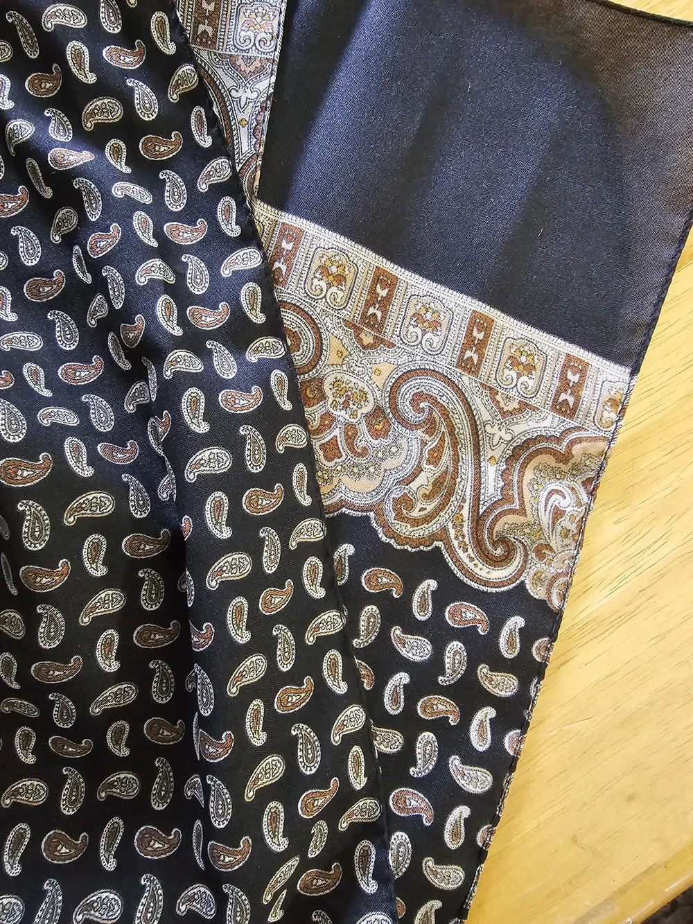 Black Paisley Silky Polyester Scarf with Brown & Cream Accents